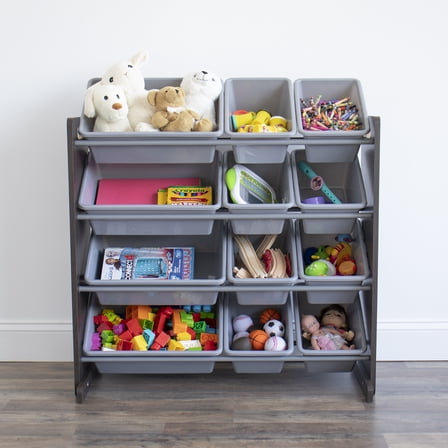 Humble Crew Kids Toy Storage Organizer with 12 Plastic Storage Bins, Espresso/Grey