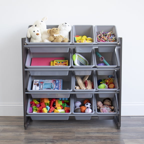 Humble Crew Kids Toy Storage Organizer with 12 Plastic Storage Bins, Espresso/Grey