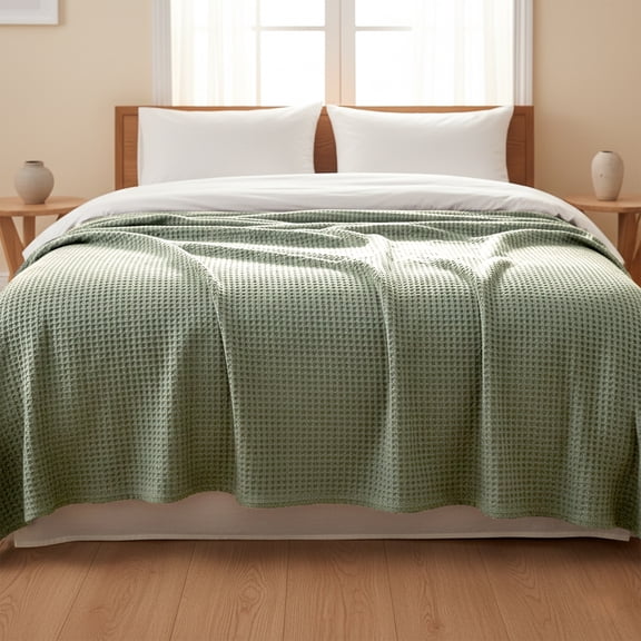 Loomsnest Ultra Soft Sage Queen Waffle Blanket, 100% Cotton Blanket for Bed, Sofa & Couch, Waffle Weave All Season Throw for Hot Sleeper, Lightweight & Breathable, 90" x 90"