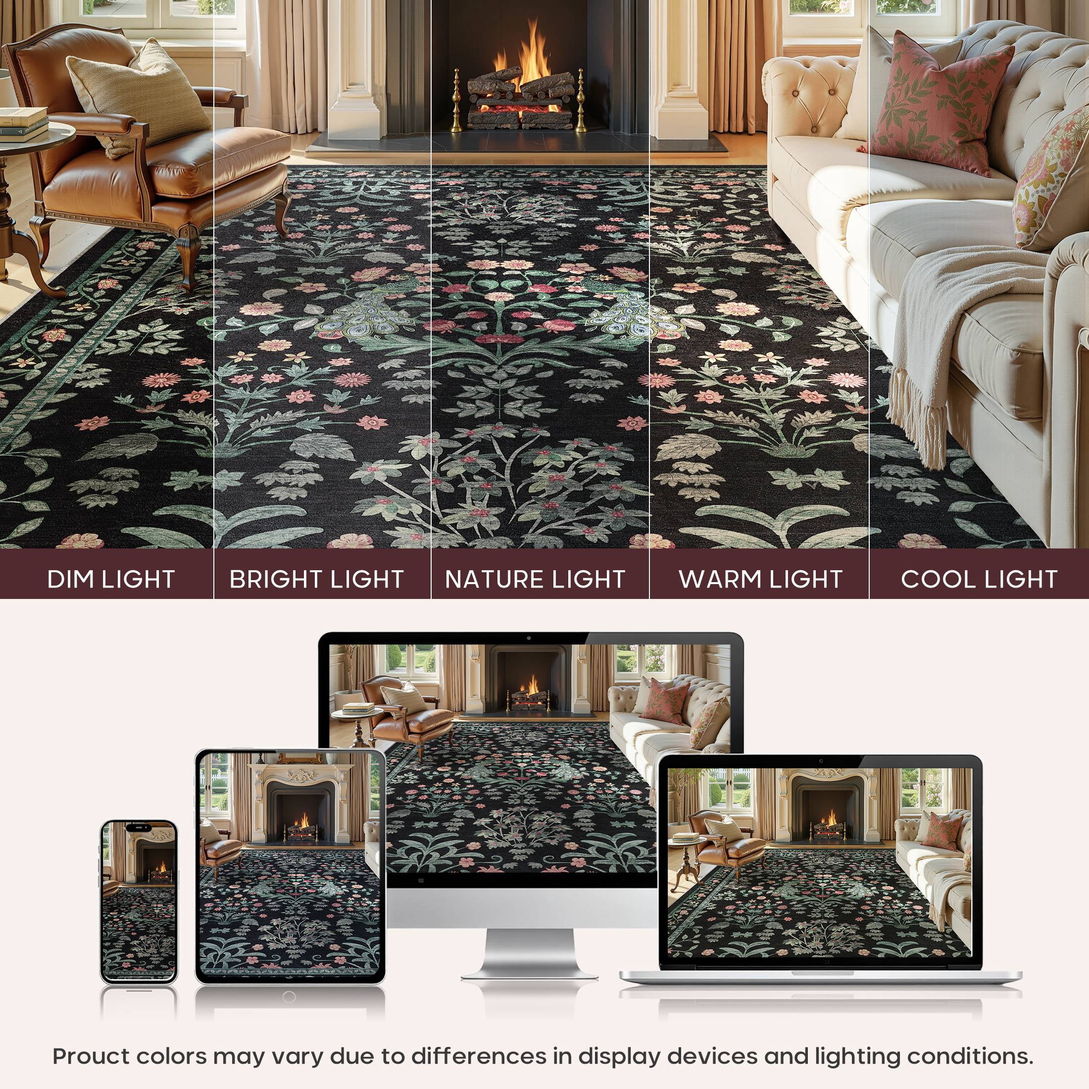 Micgeek Boho 6x9 Area Rugs for Living Room, Floral Non-Slip Washable Rug for Bedroom Home Decor Carpet, Farmhouse Dining Room Office Throw Rugs, Black