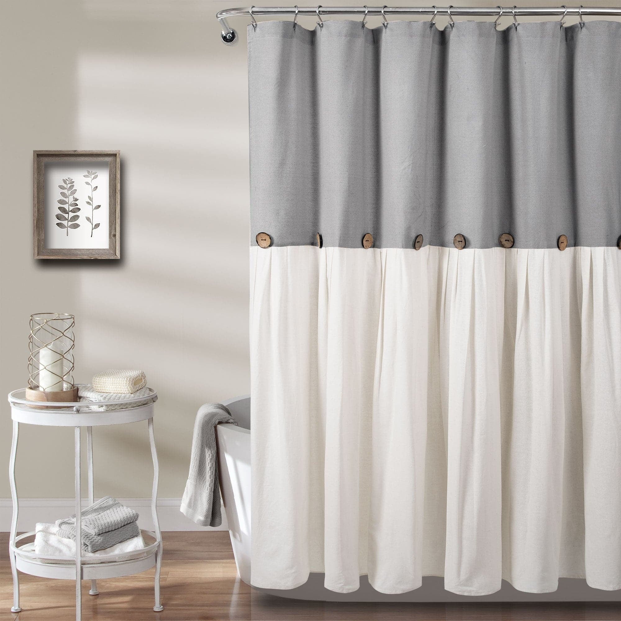 Lush Decor Linen Button Farmhouse Chic Solid Color with Pleats and Button Embellishments Cotton Blend Shower Curtain, Dark Linen, 72"L x 72"W, Single