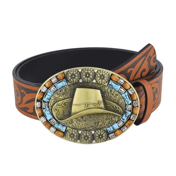Apooke Teenagers PU Waist Belt with Relief Cowboy Hat Buckle Adjustable Belt Coat Jeans Female Male Western Style Waistband