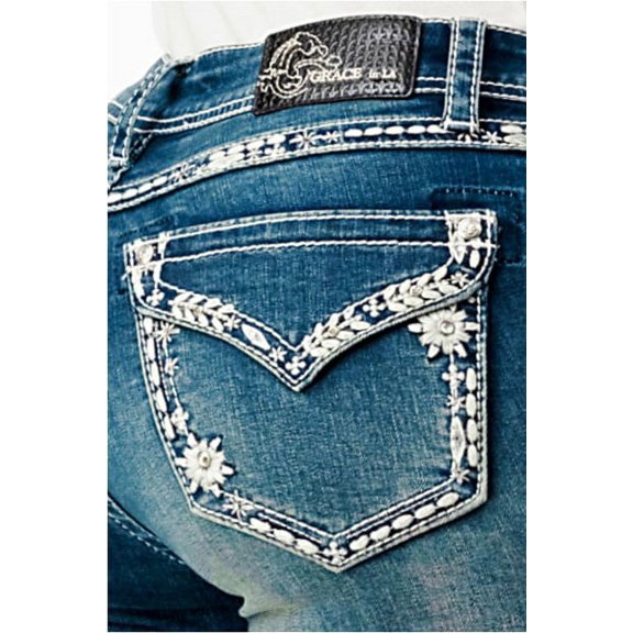 Grace in LA Women's Faux Flap Pocket Floral Embroidered Stretch Bootcut Jeans (25, Blue)