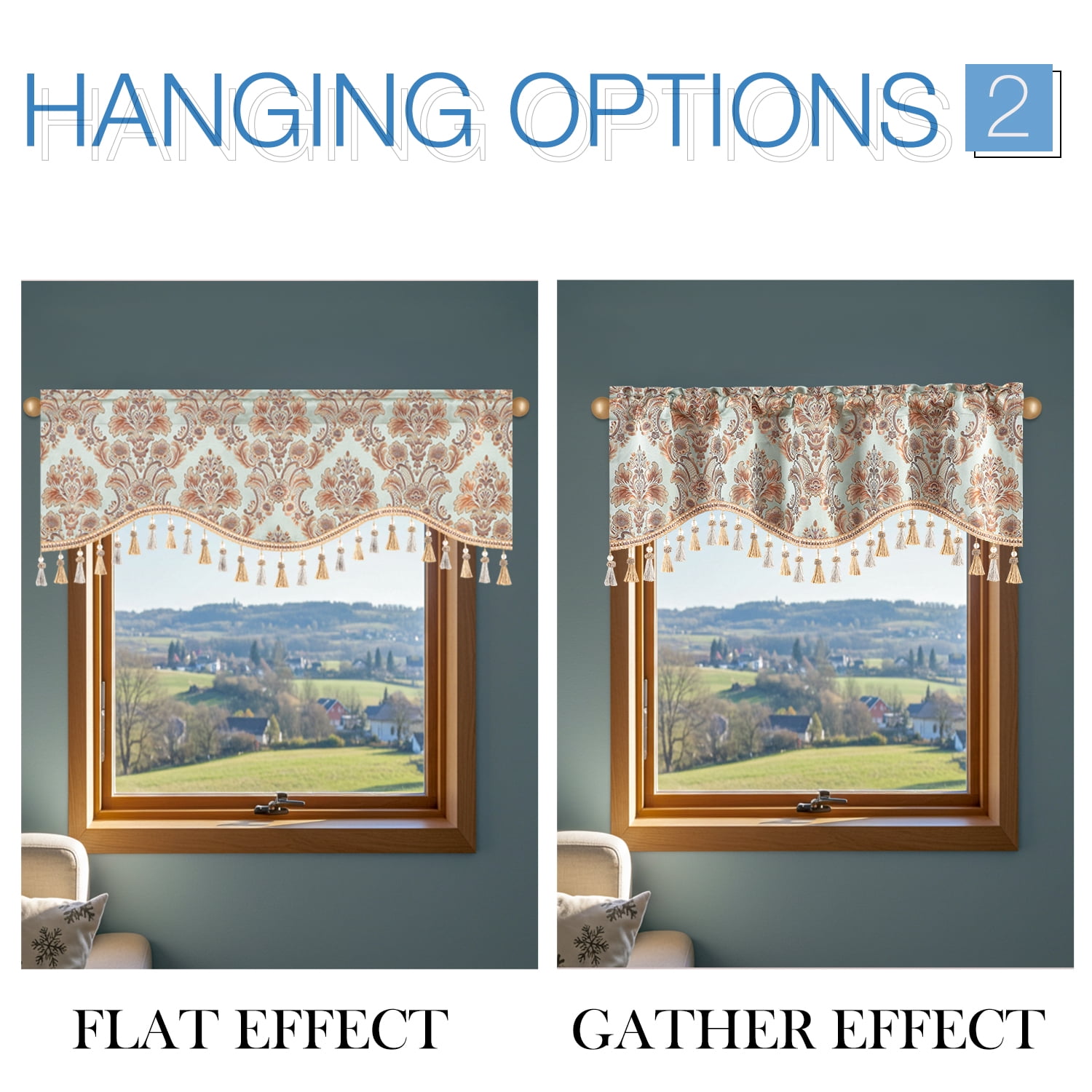 VOGOL Sky Blue Luxury Damask Valance with Beaded Tassels, 52x18 inch Rod Pocket Curtain for Living Room, Elegant Decorative Window Treatment