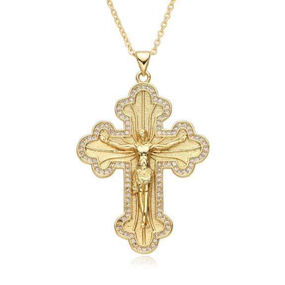 14K Yellow Gold Jesus Christ Cross Pendant Necklace Catholic Cross Jewelry for Women