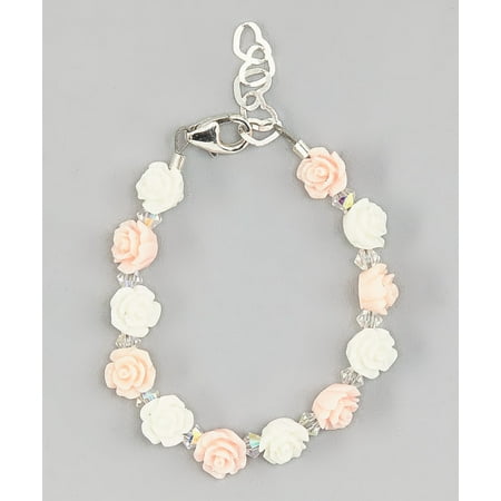 Bead Baby Bracelet - Pink and White Mini Flower Beads with Clear Swarovski Crystals Bracelet