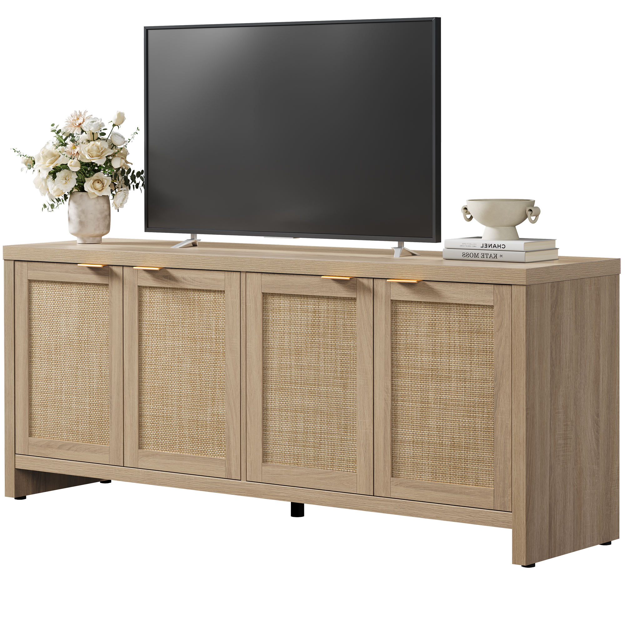 Sicotas 61.5" Rattan TV Stand with Adjustable Shelves, Light Oak photo 4