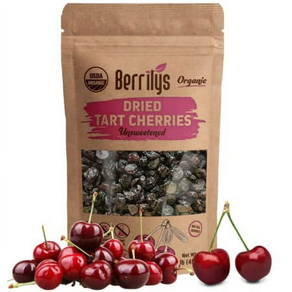 Berrilys Organic Dried Tart Cherries, 1 lb, Unsweetened, Pitted, Non-GMO, Kosher, Unsulfured, No Added Sugar