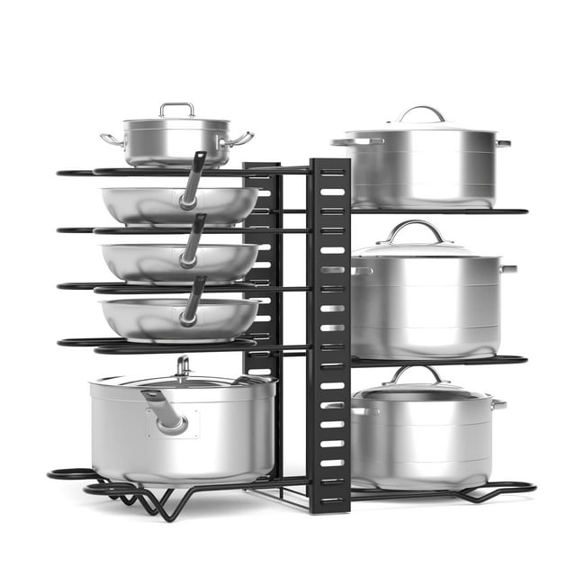 Pan Organizer Rack for Cabinet Pot Rack with 3 DIY Methods 8 Tiers Adjustable Pots and Pans Organizer under Cabinet for Kitchen Counter Lid Organizer