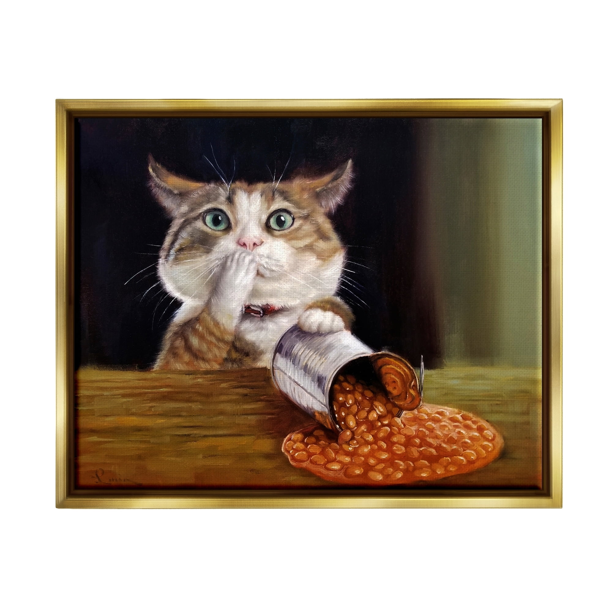 Stupell Industries Spilled The Beans Humorous Cat Kitchen Animal Painting Painting Metallic Gold Floating Framed Canvas Print Wall Art, Design by Lucia Heffernan