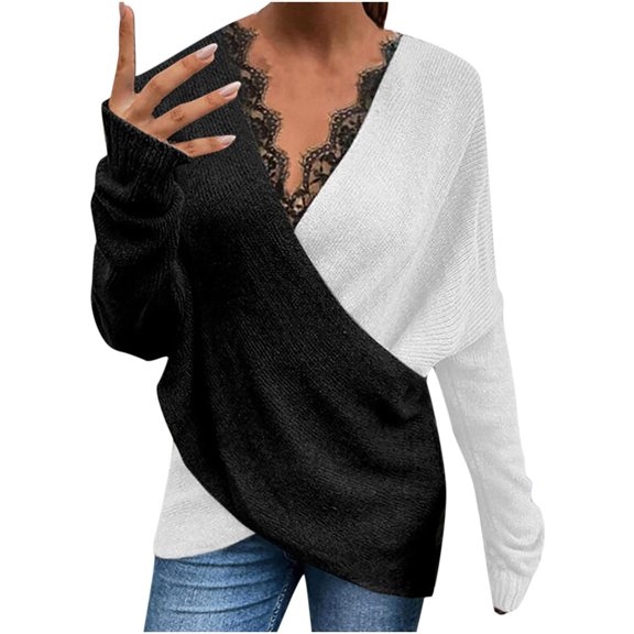 Aoochasliy Womens Sweaters Pullover Loose Christmas Tops Colorblock V-neck Cross Christmas Tops Casual Tops