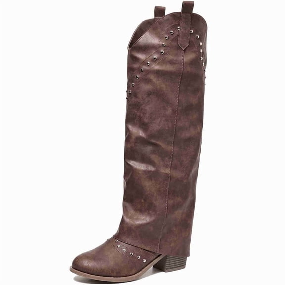 Women's Studded Over-the-Knee Cowboy Boots - Pointed Toe, Block Heel, Rivet-Embellished Western Riding Boots Black/Brown