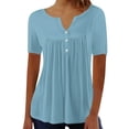 thumbnail image 1 of Womens Pleated Tunic Tops, Short Sleeve Button V-Neck Solid Color Loose Fitting T-Shirt Blouse Tops Trendy Plus Size Tops Blue S, 1 of 7