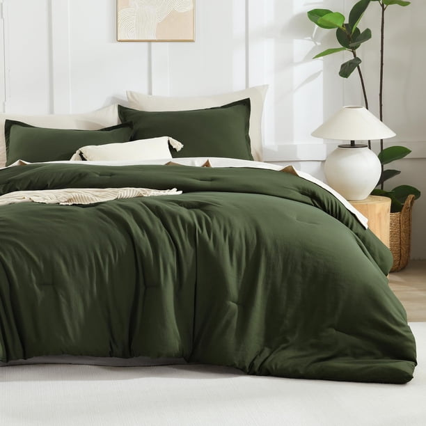 Juego completo de edredón Litanika, verde oliva oscuro, con 2 fundas de almohada