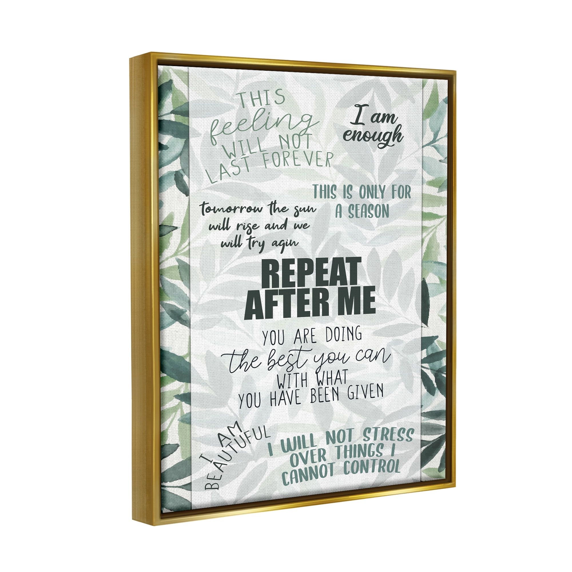 Stupell Repeat After Me Uplifting Motivational Botanical & Floral Painting Gold Floater Framed Art Print Wall Art