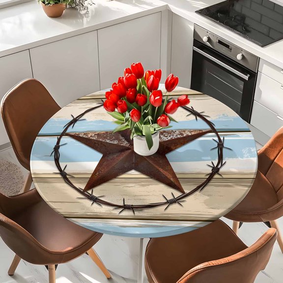 Texas Star Elastic Fitted Round Tablecloth Light Blue Beige Wood Grain Waterproof Outdoor Table Cover for Holiday Party, Picnic, Patio & Dining Fits Tables Up to 36"-44"