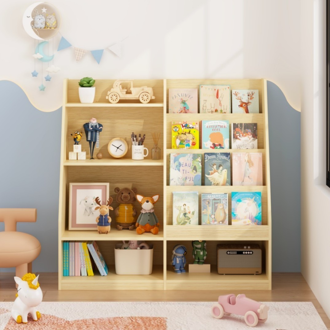 4-Tier Kids Bookshelf and Toy Storage Organizer, Wooden Children's Bookcase with 2 Shelves & Toy Bin, Book Display Stand for Kids Room, Playroom & Nursery, White