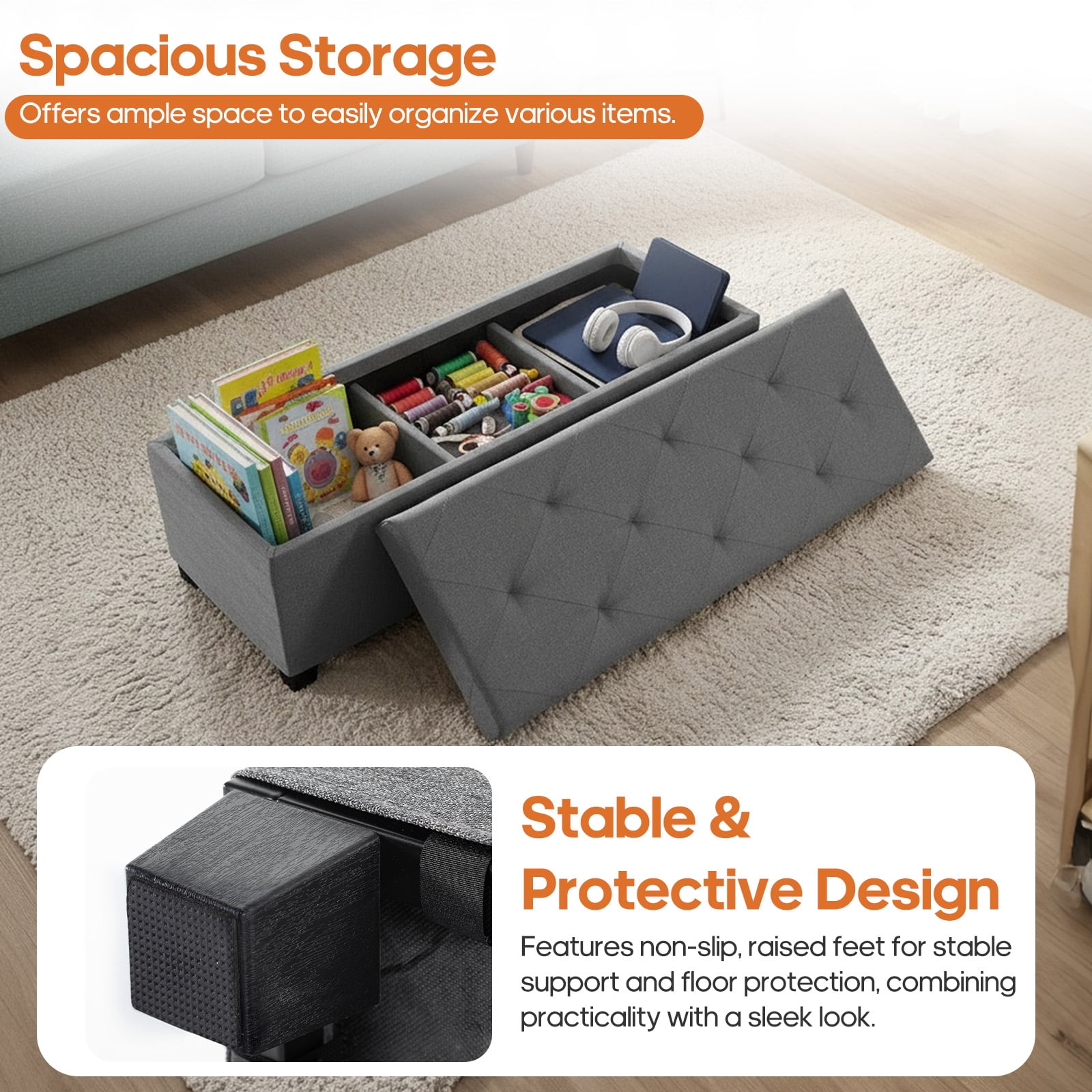 CONCETTA Versatile Storage Ottoman Bench, Tufted Upholstered End of Bed Chest, Foot Rest with Legs, Ample Capacity for Living Room, Entryway, Dark Gray