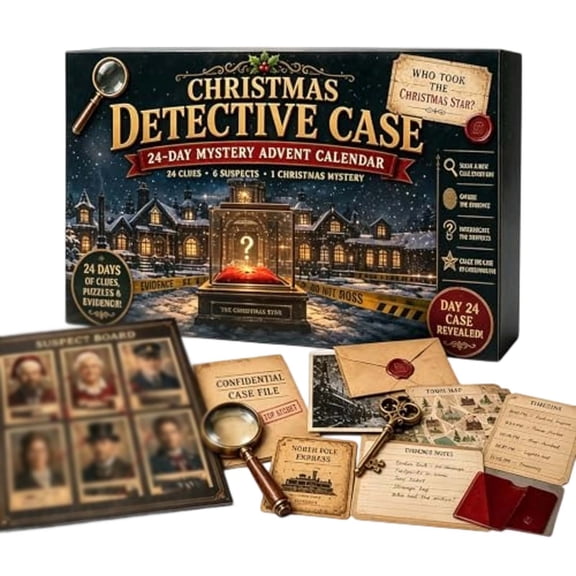 24-Day Christmas Mystery Puzzle Game, Daily Holiday Countdown Adventure with 6 Story Themes, Interactive Clue and Riddle Activity for Families, and Adults During December