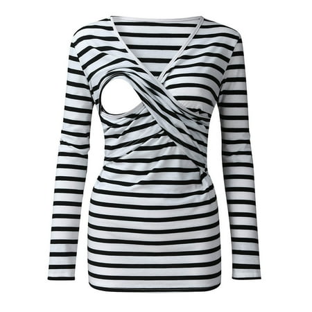 

Odeerbi Maternity Shirts Ladies Fashion Stripe Print Long Sleeve Breastfeeding Casual Clothe Top White