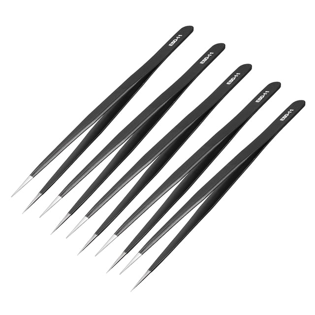 Unique Bargains ESD Anti-static Stainless Steel Tweezers Straight Pointed 5.6 Inch Length 5pcs
