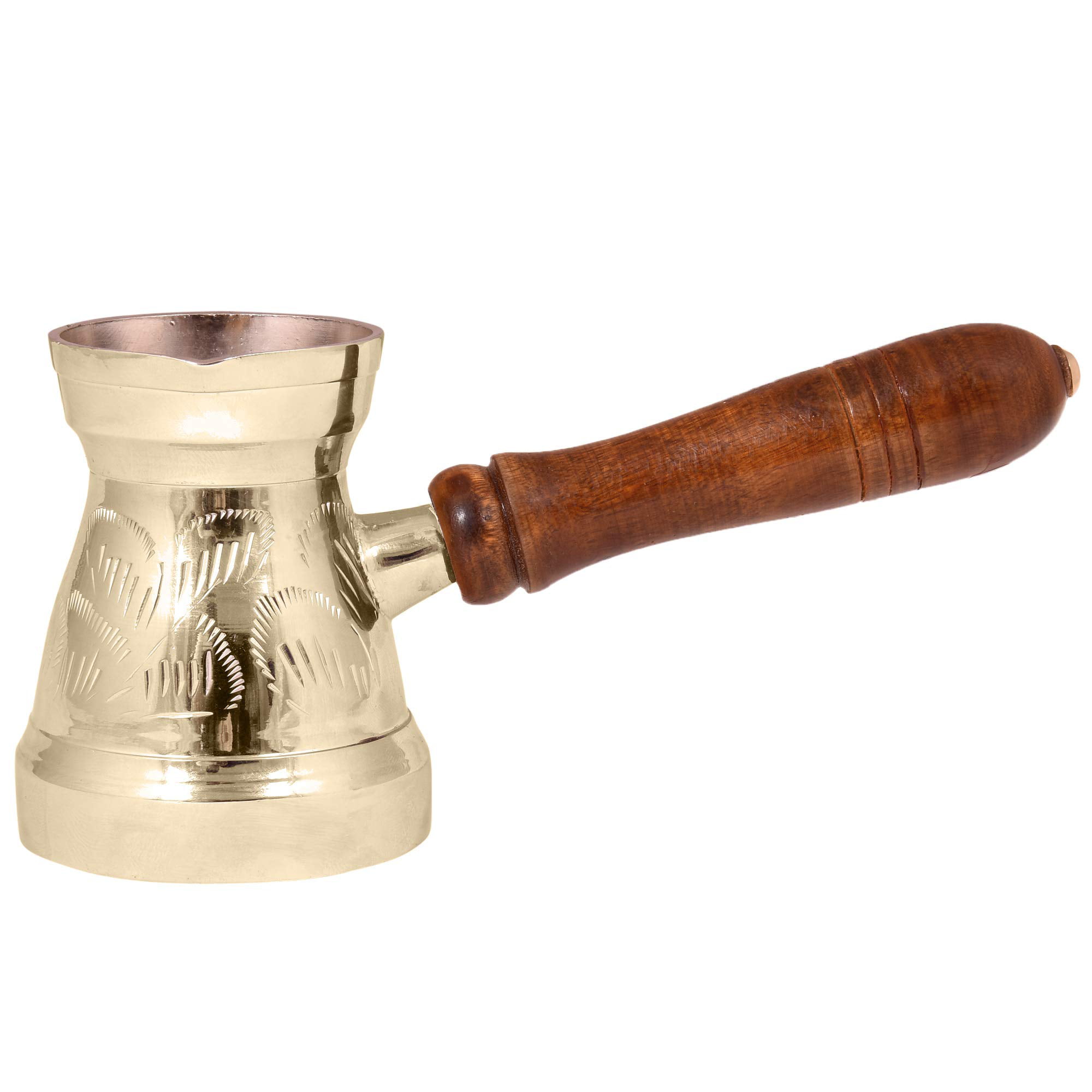 diollo Brass Engraved Arabic Cezve Ibrik Briki Greek Turkish Coffee Pot Serve Ware with Wooden Handle 8 OZ 