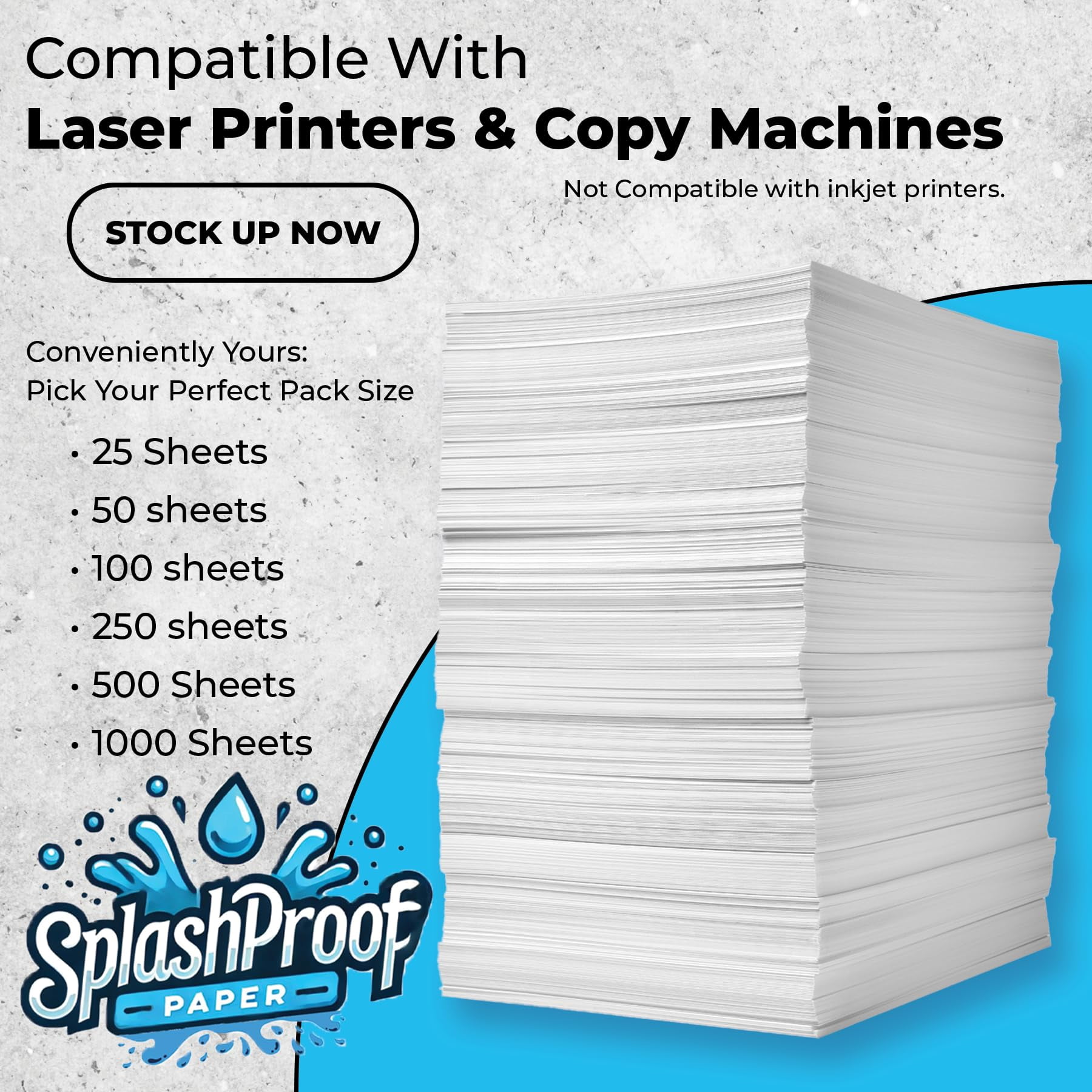 SplashProof Waterproof Paper, 8.5" x 11", 10 Mil, 50 Sheets