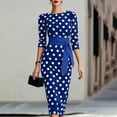 thumbnail image 2 of Women's Vintage Polka Dot Midi Dress, Crew Neck 3/4 Sleeve Self Tie Waist Slim Bodycon Knee-Length Pencil Dress Blue XL(XL), 2 of 6