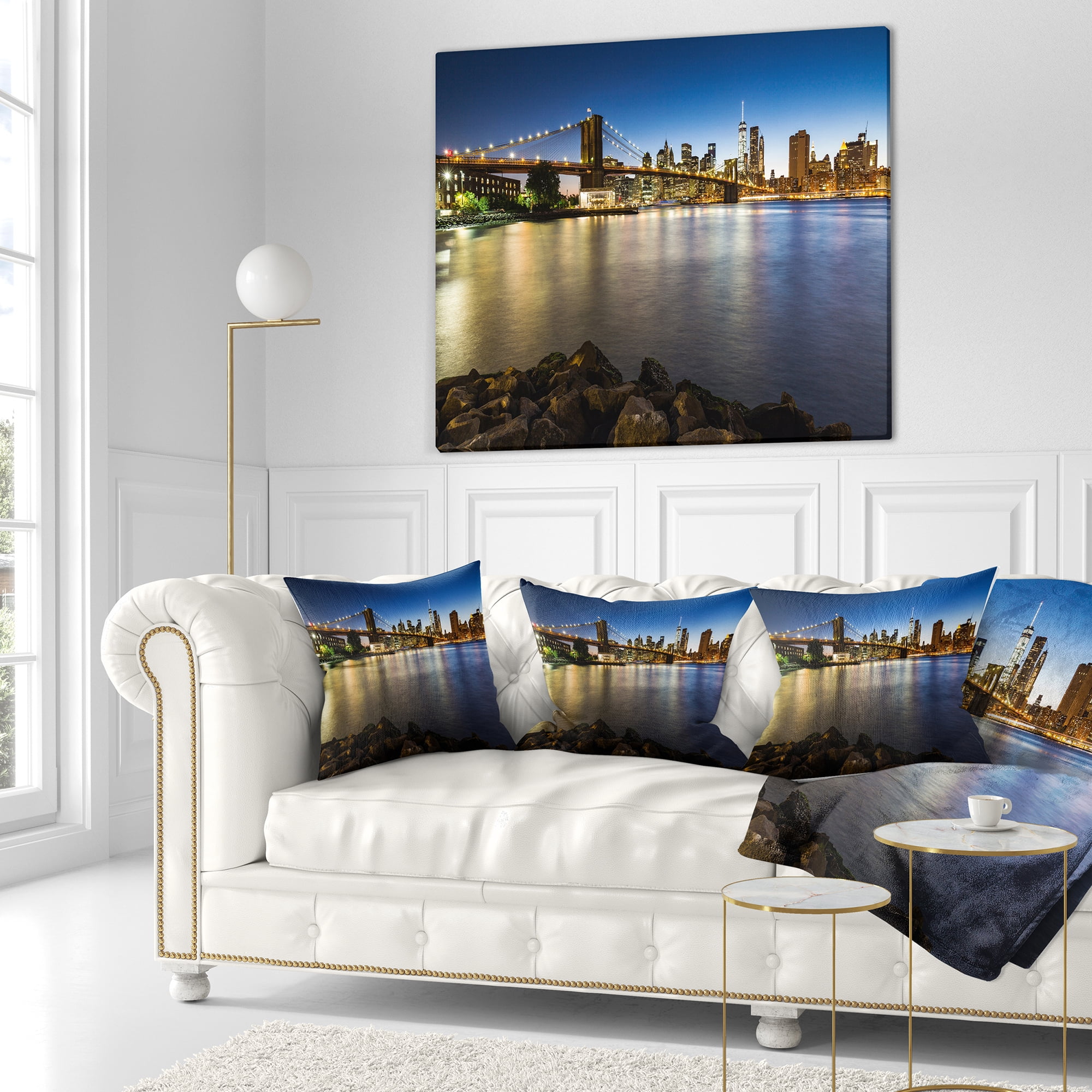Designart Distant View of Brooklyn Bridge - Cityscape Throw Pillow - 16x16