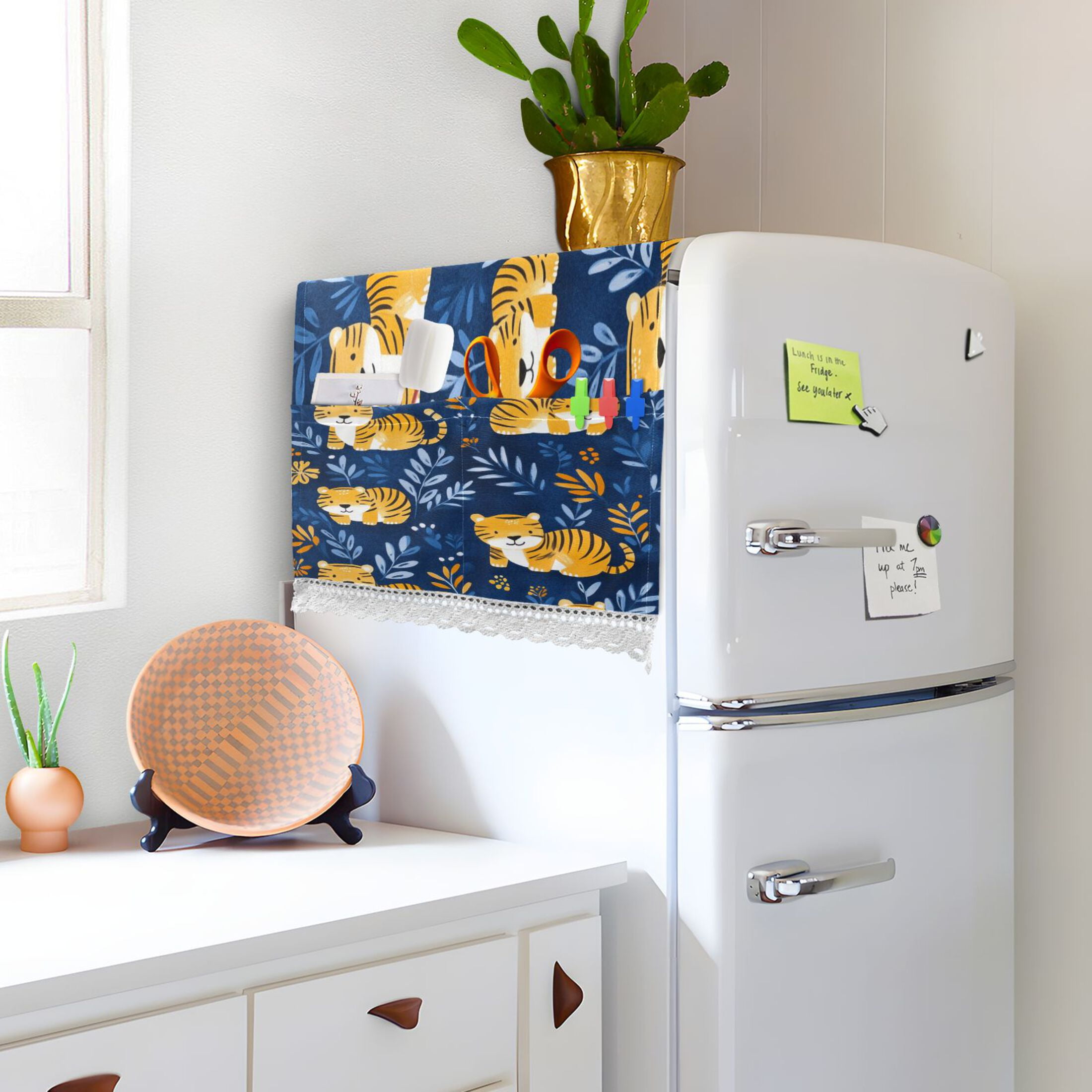 Lovely TigerWasher and Dryer Covers Dust-Proof and Oil Resistant Fridge Cover with 4 Storage Pockets Washing Machine Top Cover for Laundry Kitchen Home 51.2 x 22 In