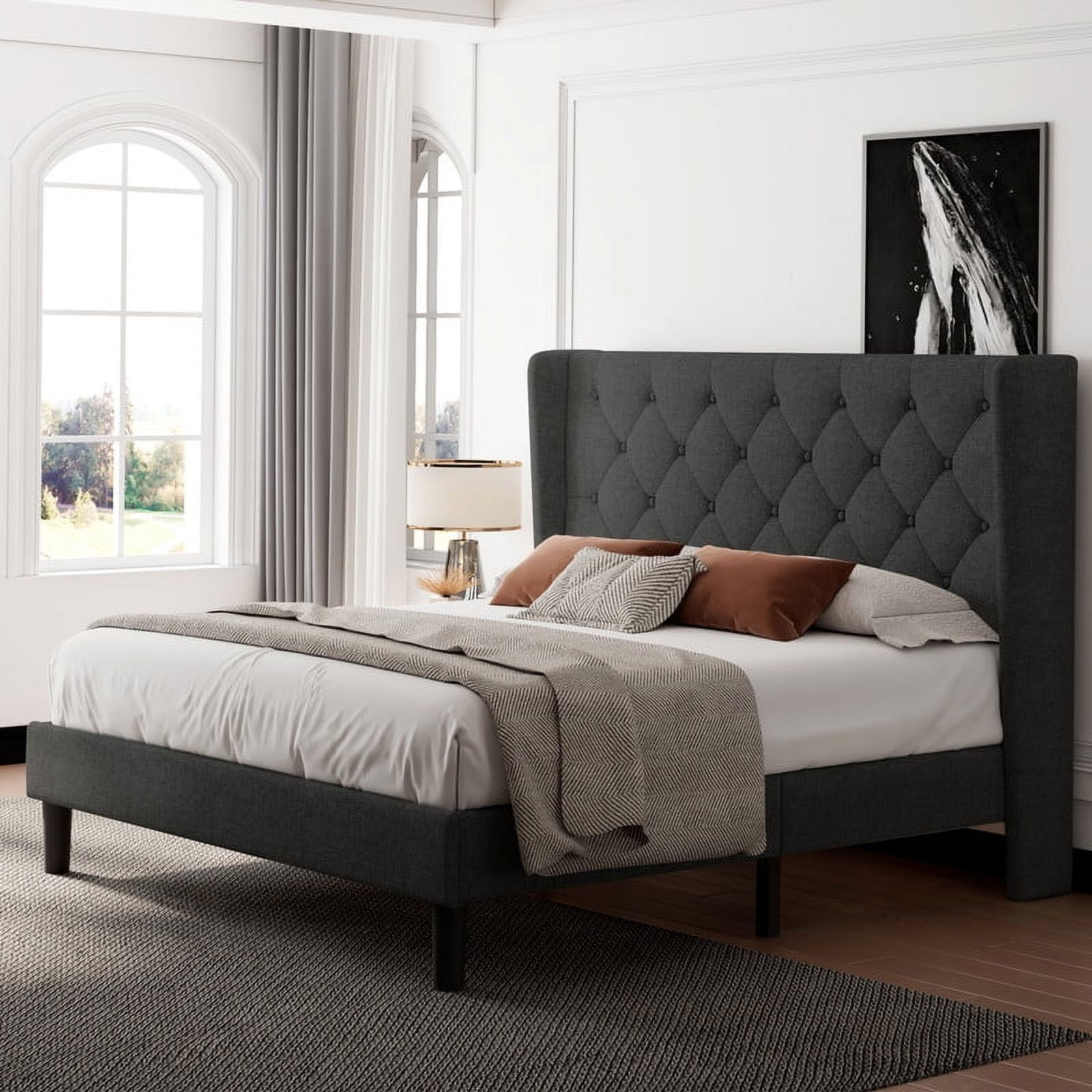 iPormis Queen Size Bed Frame with Diamond Button Tufted Wingback Headboard, Upholstered Platform Bed Frame with Strong Wood Slat Support, No Box Spring Needed, Dark Grey