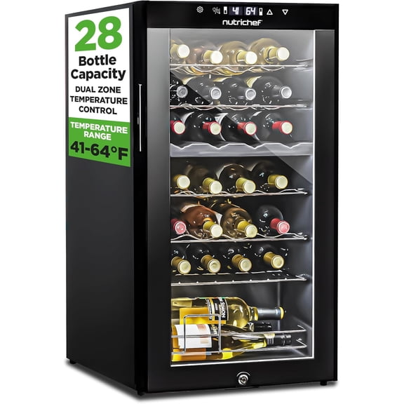 NutriChef 28-Bottle Dual Zone Wine Fridge, Adjustable 41°F–64°F, Ultra Quiet Free-Standing Wine Cooler, 33x16x17 in, Black