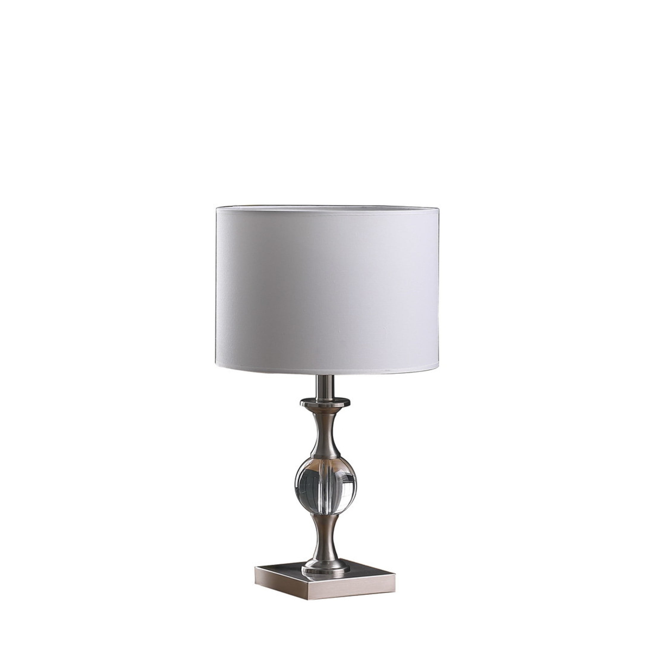 Noble House 19.75" Solid Crystal Orb Table Lamp, Satin Nickel Base, White Drum Shade, E26 Light Bulb, Silver