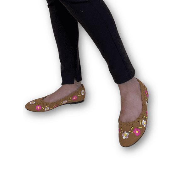 June Tan leather Flower embroidered Ballerina