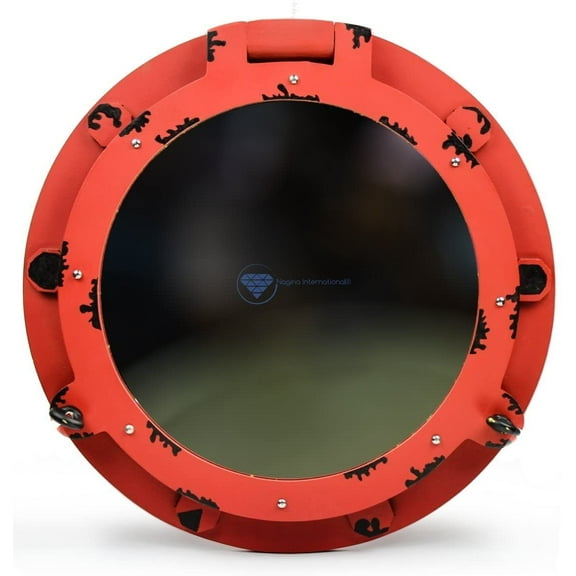 Nagina International Nautical Wall Decor Wooden Handcrafted Porthole Mirror | Pirate' Ship Decor (12 Inches, Red-Black)
