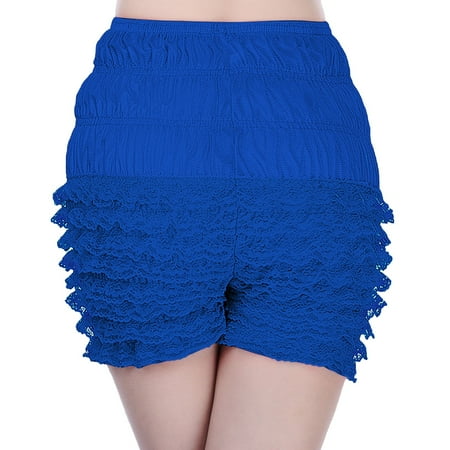MNCEKFOD Women s Bermuda Shorts Lolita Ruffle Lace Leggings Shorts Sexy Layer Lace Splice Bloomers Elastic Waist High Waisted Short Pants Blue S