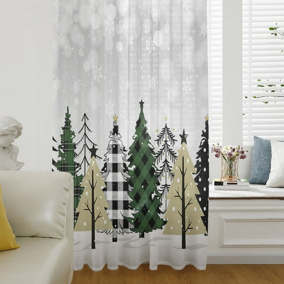 Christmas Tree Semi Sheer Curtains Drapes for Living Room,Bedroom,French Doors Window 45 Inches Long,Merry Christmas Grey Xmas Tree Winter Snowflake Rod Pocket Chiffon Curtain Drapery Voile Panel