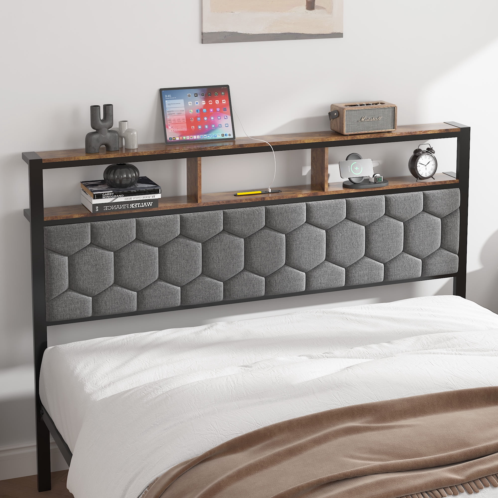 Yoneston Full Size Bed Frame with Upholstered Storage Headboard and USB Charging, Retro Metal Platform Bed Frame with Under-Bed Storage Noise Free for Bedroom, Brown