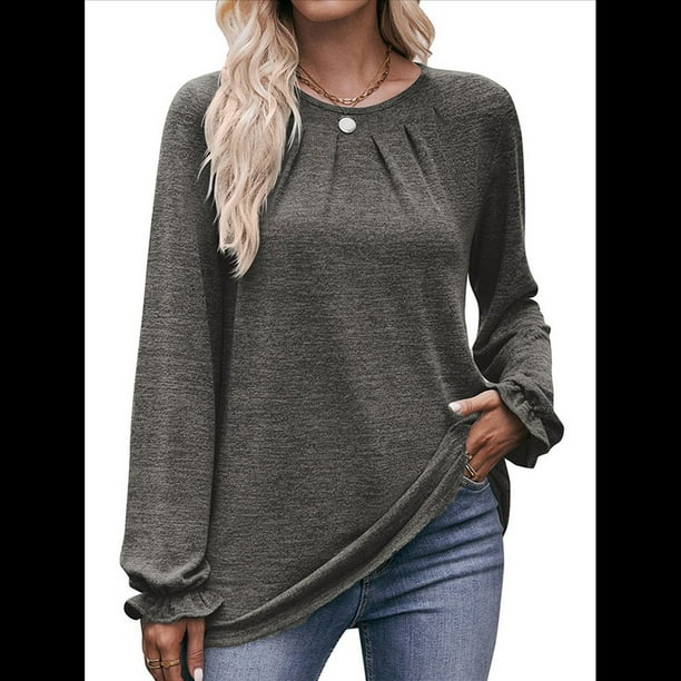 Camisas de Larga para Mujer, Moda Otoño 2025, Blusas Elegantes e Informales, Blusas Tipo Túnica Plisadas con Cuello Redondo. Gris Oscuro L