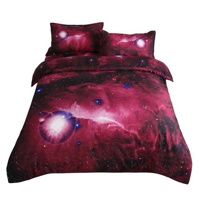Unique Bargains Star Colored Sky Moon Night Duvet Cover Fuchsia Starry Pattern 4pcs