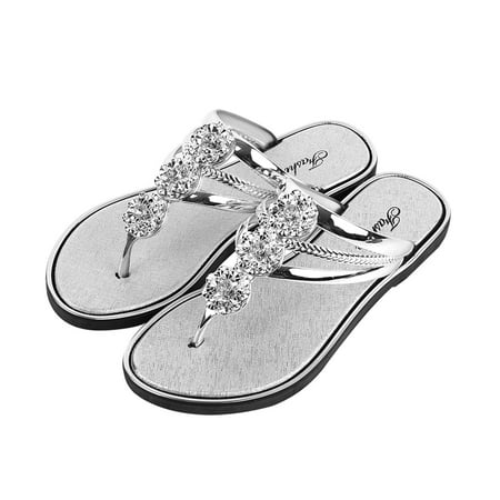 

Dpityserensio Slide Sandals for Women Flat Bottomed Toed Clip Water Diamond Beach Sandals Non-Slip Causal Flip Flops Silver 6(37)