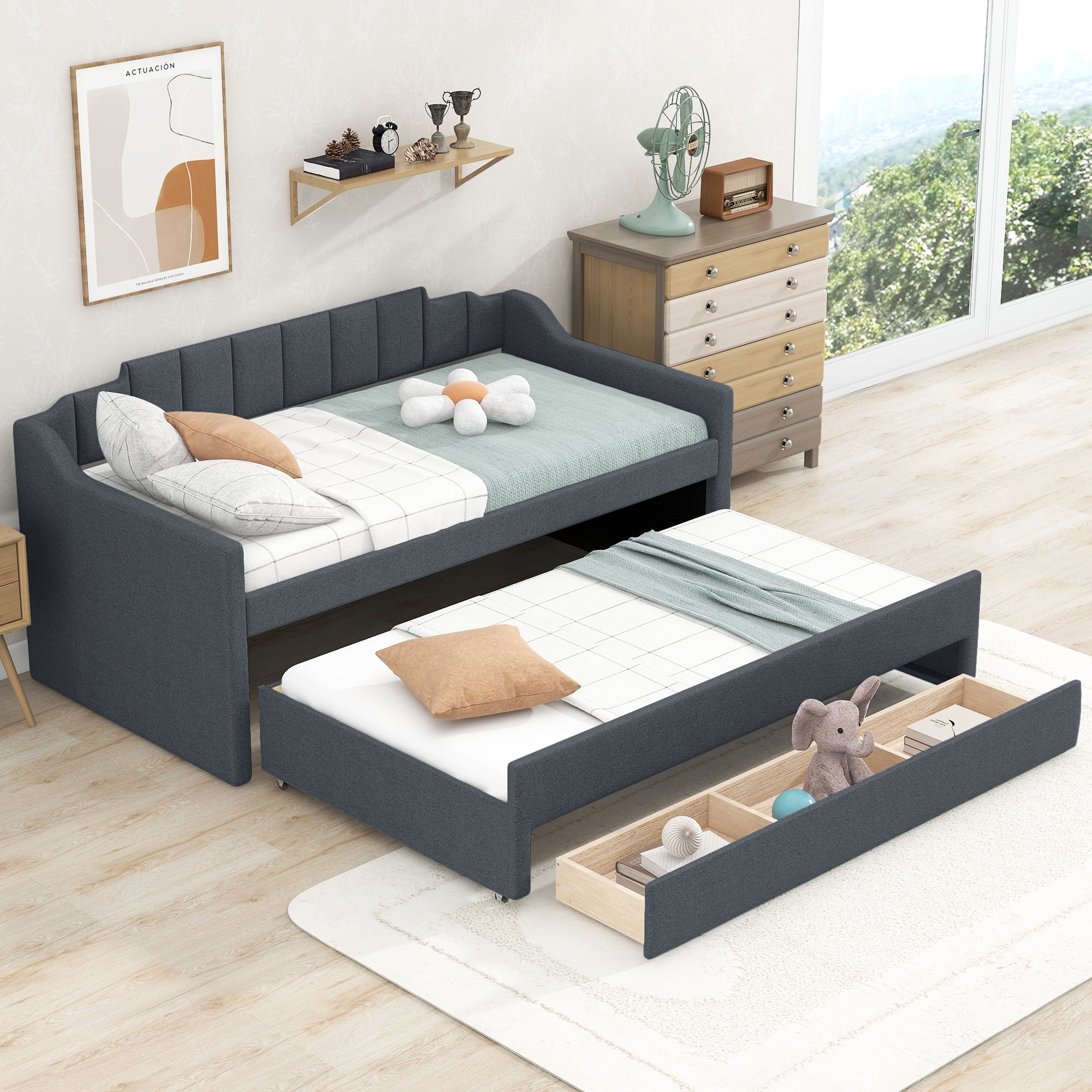 MAYEERTY Twin Size Upholstered Daybed with Trundle and Three Drawers,Grey