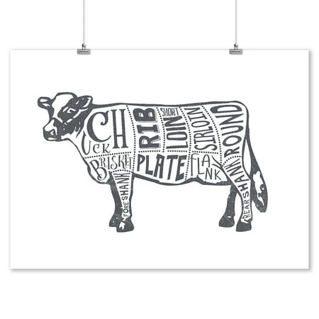 Beef - Butchers Block Meat Cuts - Blue Cow on White - Lantern Press Artwork (9x12 Art Print, Wall Decor Travel