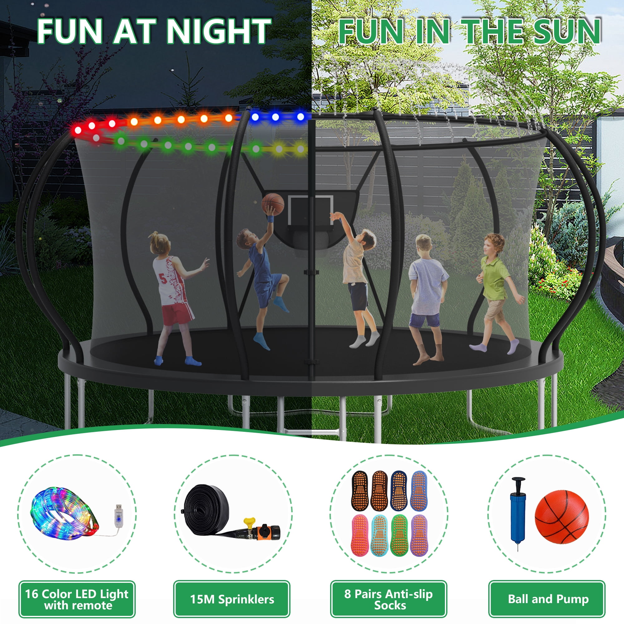 LHX Trampoline 14FT for Kids 12FT 16FT Outdoor Trampolines with Basketball Hoop, Safety Enclosure Net, Lights, Sprinklers, Socks, Recreational Heavy Duty Trampoline, 1400 LBS Loading, Easy to Install