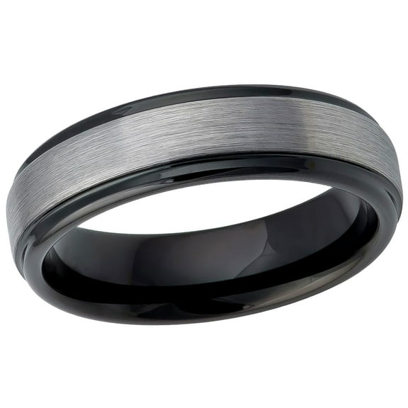 Men's Women's Tungsten Wedding Band Engagement Ring 6mm Two-tone Black IP Gun Metal Brushed Center Stepped Edge