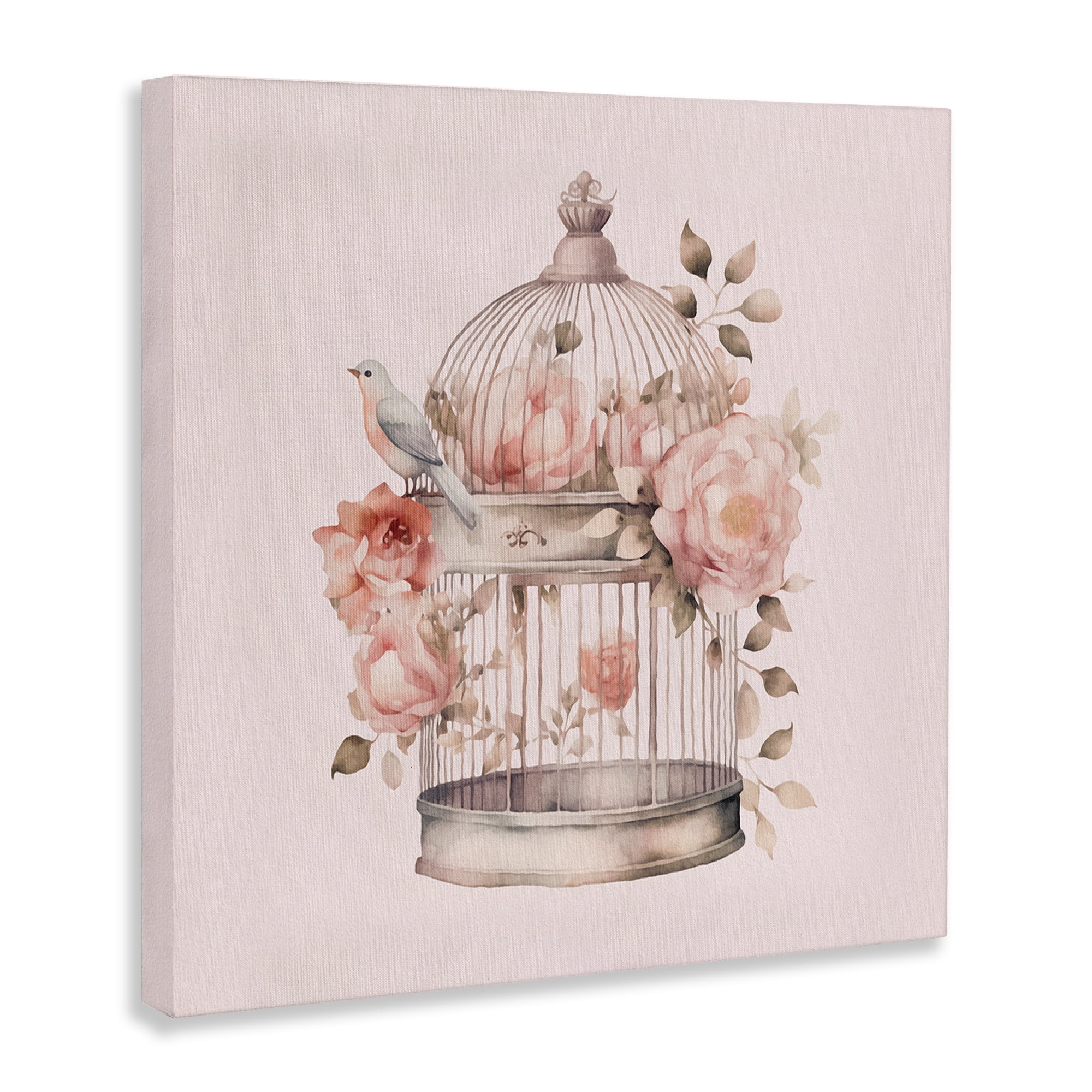 Stupell Industries Bird Cage with Rose Blooms Botanical & Floral Painting Gallery Wrapped Canvas Art Print Wall Art, 30 x 30