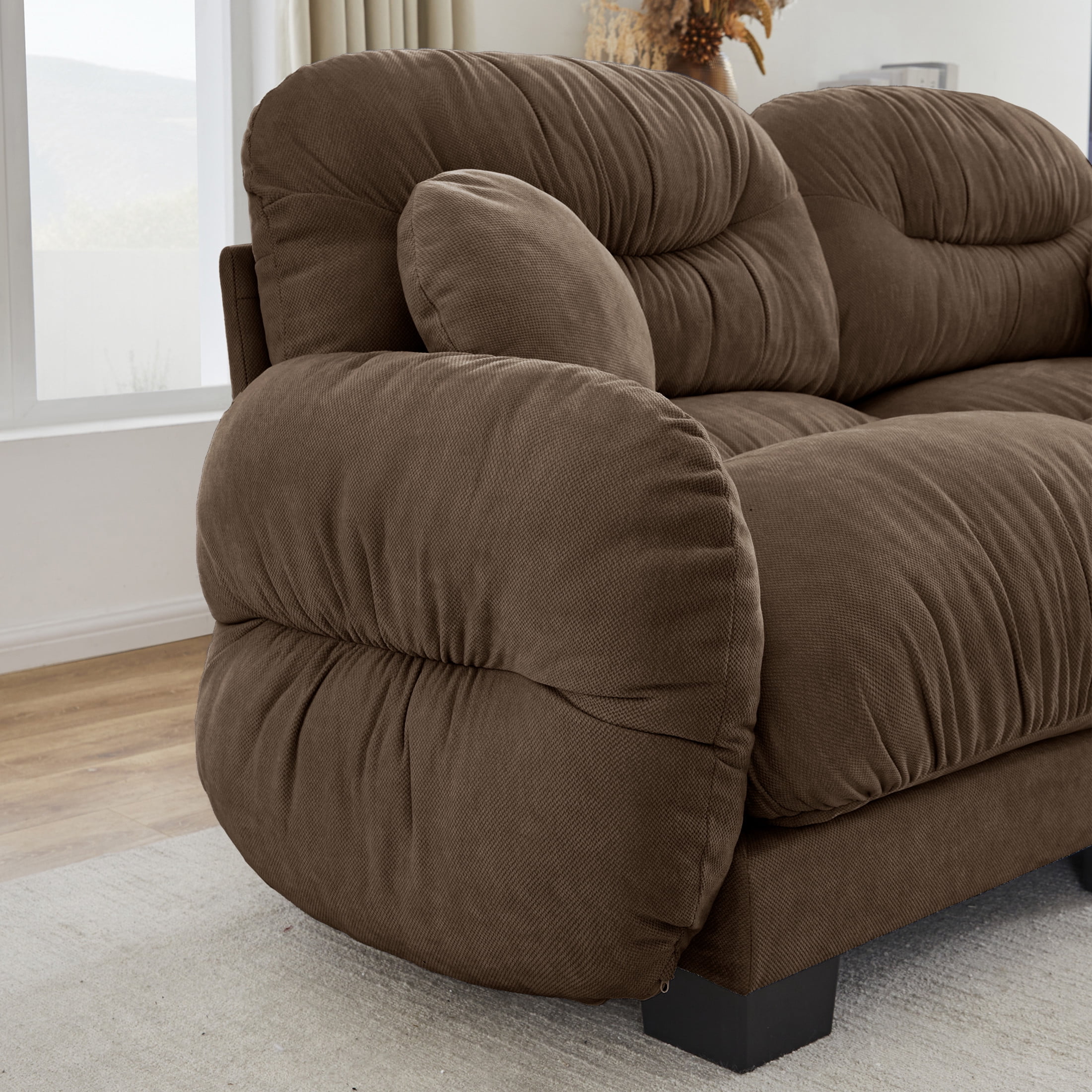 Noble House Corlan Pleated Chenille 3-Seater Sectional Sofa, Modular Deep Seat Couch with Ottoman and Throw Pillows, Brown