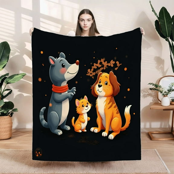 Cozy Flannel Blanket with Playful Animated Animals - Gray Dog Orange Cat & Dog Design Perfect for Sofa Travel & Bed