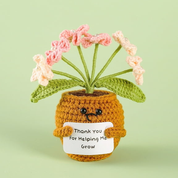 Handmade Emotional Support Pink Flower Potted Plants, Positive Crochet Doll with Card, Inspirational Small Knitted, Funny Gifts for Women Men Birthday Friends Coworkers, Office Decor