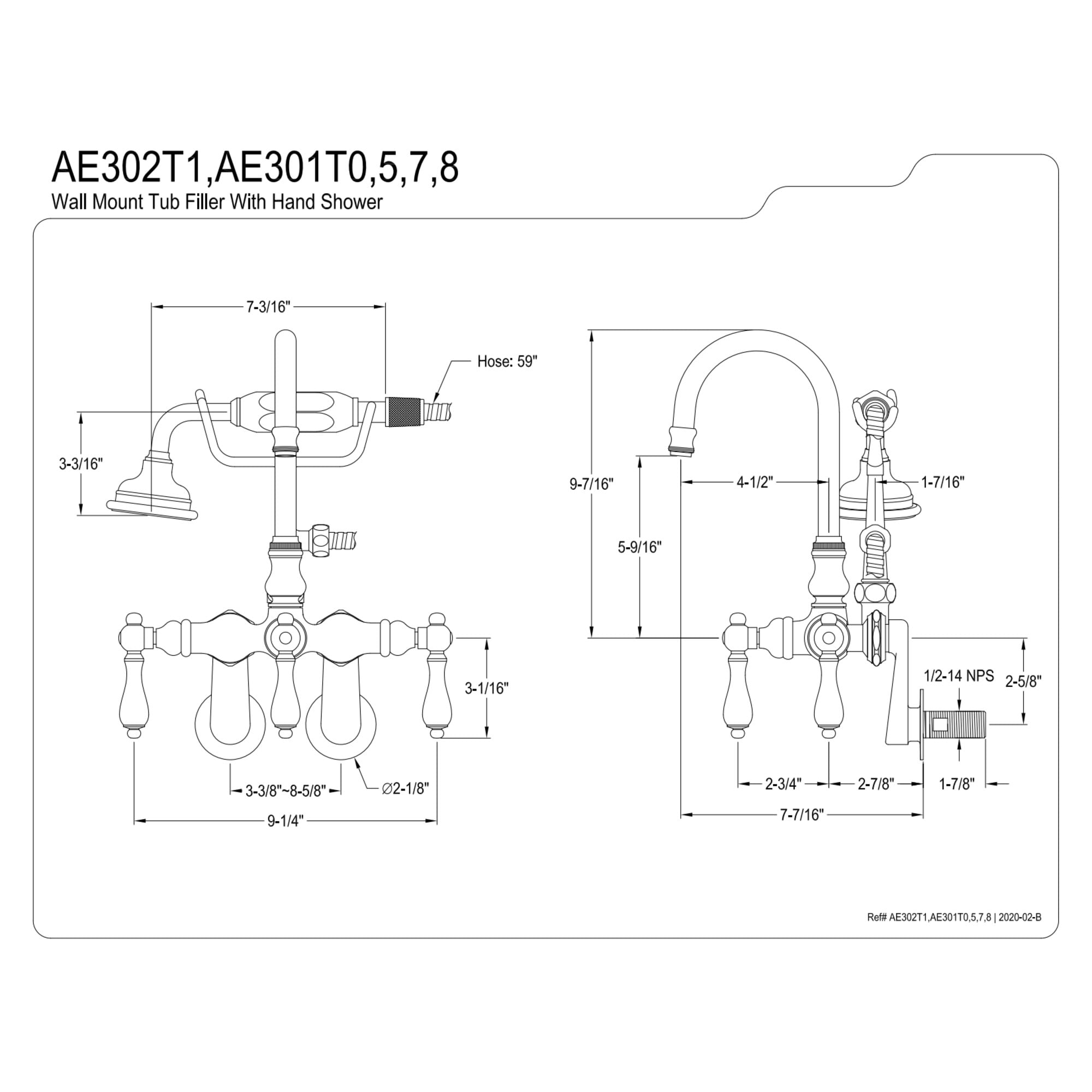 Kingston Brass AE301T0 Aqua Vintage Wall Mount Clawfoot Tub Faucets, Matte Black
